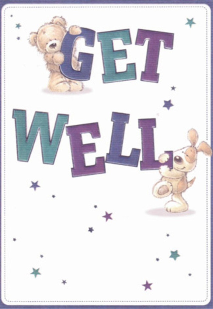 This get well card unfolds like a gentle storybook scene, featuring a pair of loveable characters-a sweet bear, radiant with fuzzy warmth, and an eager puppy with oversized floppy ears-each offering their own blend of comfort and joy. The bear sits atop the word 'GET,' his plush arms open wide, while the puppy settles by the 'WELL,' his expressive eyes and soft fur rendered in careful, tactile detail. Indigo, teal, and amethyst tones infuse the large, friendly type, making the card's message both eye-catching and sincere. A scattering of sparkling stars enlivens the acrylic-white background, echoing the community spirit that flows along nearby West Ham Lane and beyond. The soft, layered brushwork hints at textures you can almost reach out and touch-cuddly teddy fur, silky puppy ears-each element arranged with the same care local florists give every bouquet. Simple yet heartfelt, this illustration turns a get well greeting into an act of kindness for friends and family across West Ham, inviting them to feel uplifted and remembered.