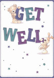 Delight and reassurance shine through this illustrated get well card, where a teddy bear and a floppy-eared puppy work together to send a message of hope. The bear, dappled in soft brown hues, perches atop the robust 'GET,' while the puppy, his fur invitingly textured, leans into the top-heavy 'WELL.' Stars in shades of teal, indigo, and dusty lavender dance across the creamy white background, adding a whimsical, almost magical touch. The bold, rounded letters seem to jump off the page, echoing the cheerful greetings you might find shared amongst neighbours at a West Ham market. The illustration balances childhood innocence with genuine comfort-each brushstroke, from the bear's fluffy body to the puppy's sparkling eyes, evokes a sense of gentle healing. Like receiving a thoughtful bouquet from West Ham Florist, this card is designed to brighten difficult days, offering a tender reminder that warmth and kindness are always close at hand in West Ham.